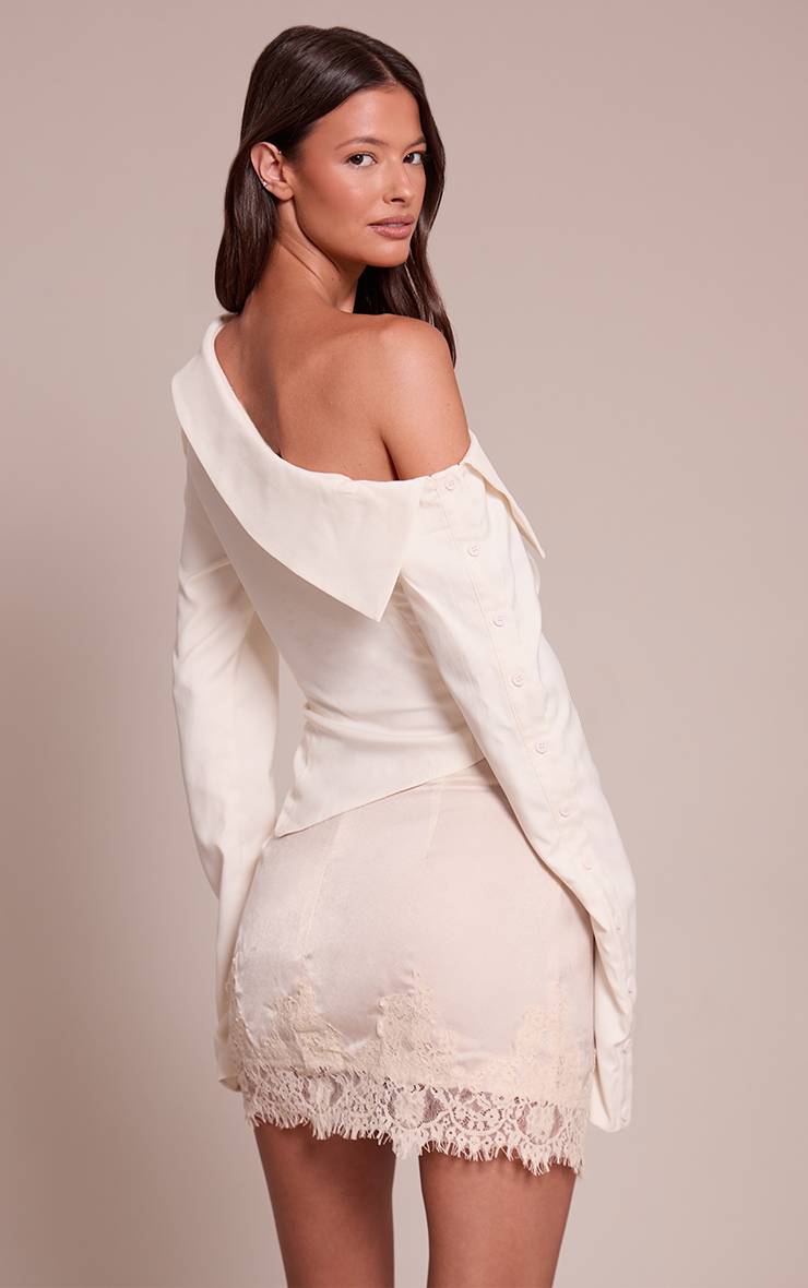 Blanc Chemise À Manches Longues À Rayures Fines Col Bardot Et Ourlet Asymétrique