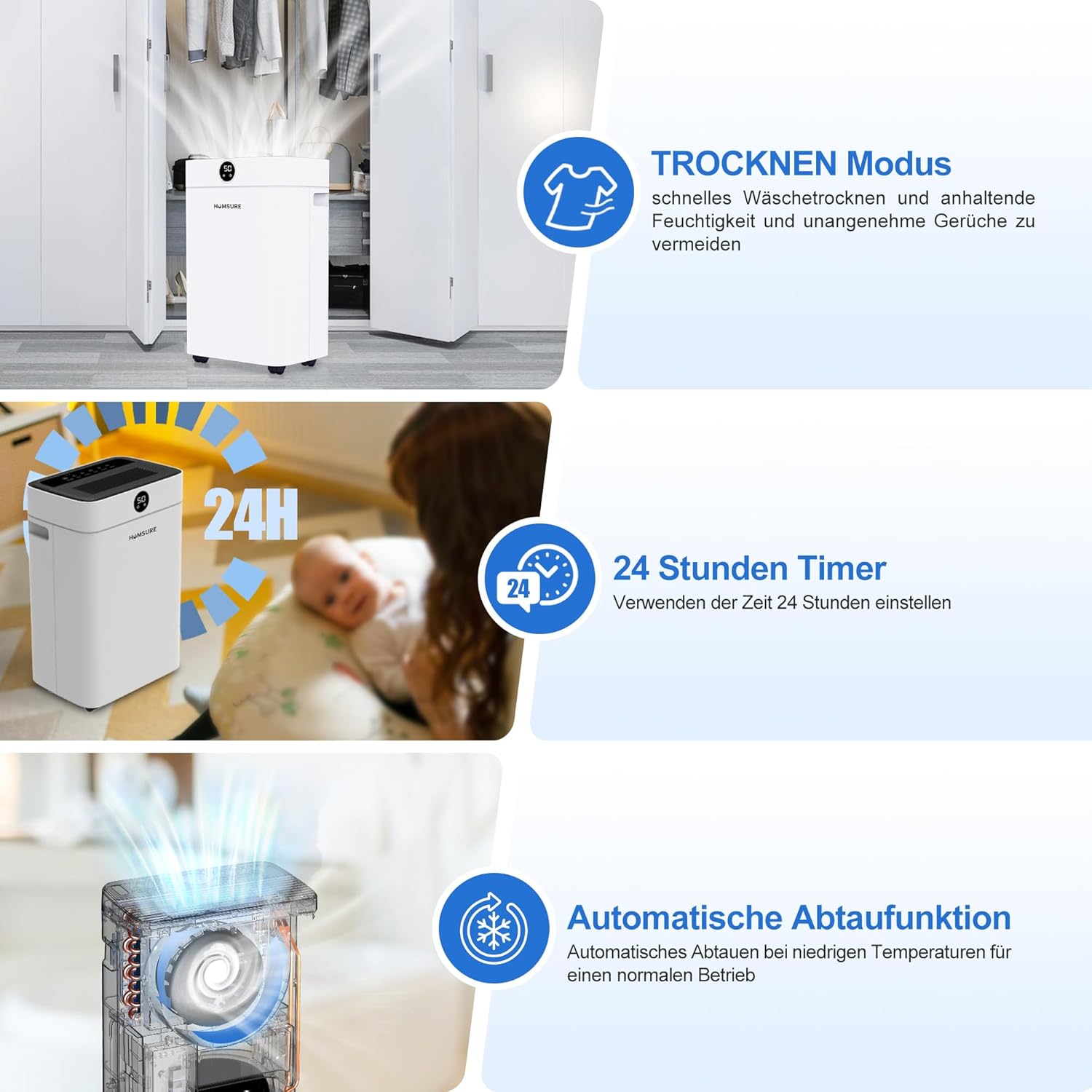 Luftentfeuchter 25L, Entfeuchter elektrisch, Luftentfeuchter Keller für Räume bis zu 150m³/50m², Raumentfeuchter elektrisch mit Ablaufschlauch, Timer, 10 J. Gar.