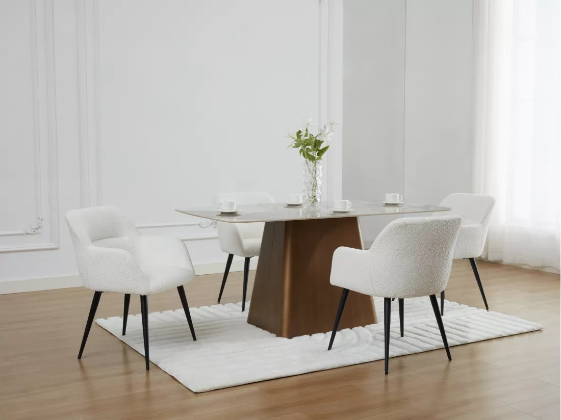 Lot de 6 chaises avec accoudoirs en tissu bouclette et métal noir - Blanc - HEKA
