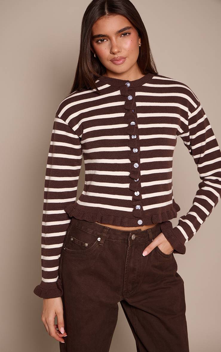 Chocolat Cardigan Tricoté À Rayures Avec Ourlet À Volants