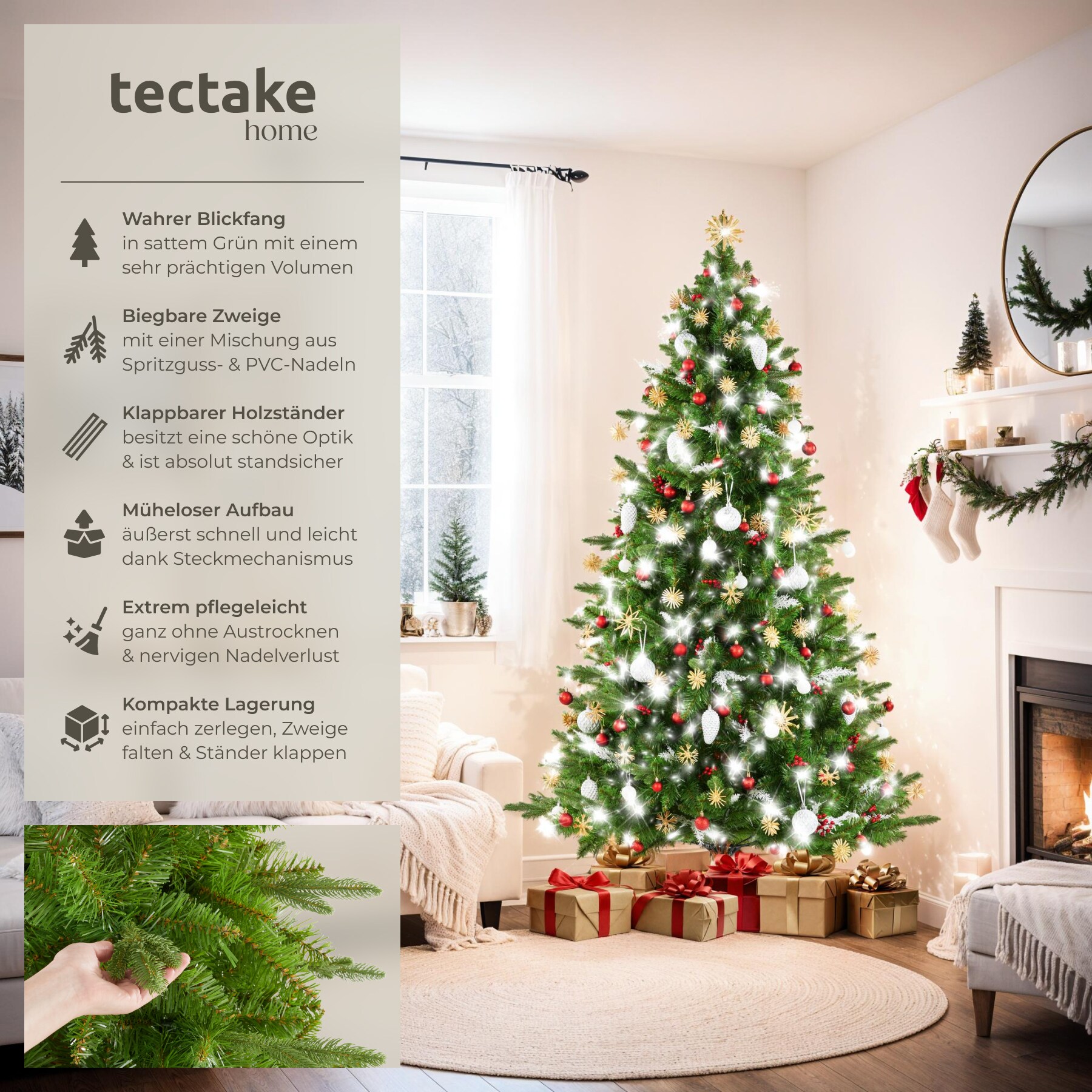 tectake® Weihnachtsbaum , verschiedene Größen, künstlich in Grün, PVC- und Spritzgussnadeln, formbar mit viel Volumen, klappbarer Baumständer aus Holz