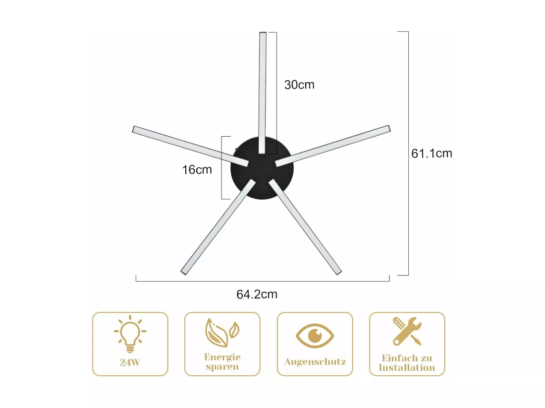 NETTLIFE plafonnier LED blanc chaud 24W noir 64,2 cm métal 3000K