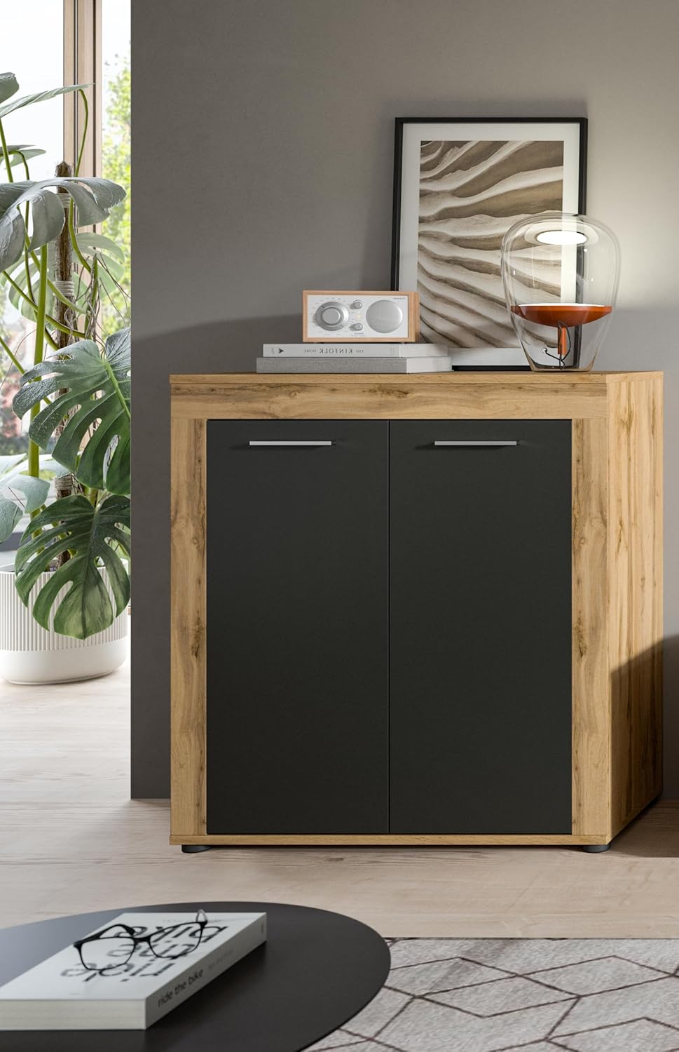 xonox.home Wohnzimmer Jam Highboard Hochkommode Wohnzimmerschrank Hochschrank Anrichte in Front grau Nb. Korpus/Absetzung Wotan Eiche Nb., ca.80x88x35 cm