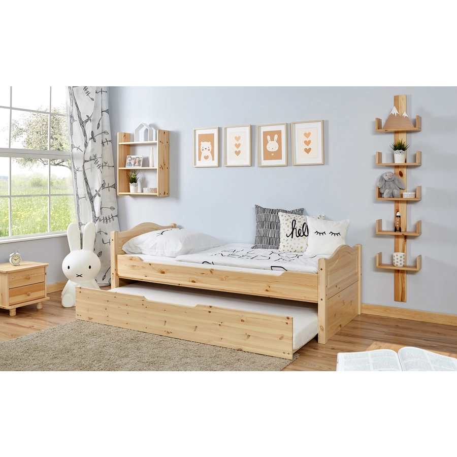 TiCAA Einzelbett Leni 90 x 200 cm Kiefer natur mit Zusatzbett