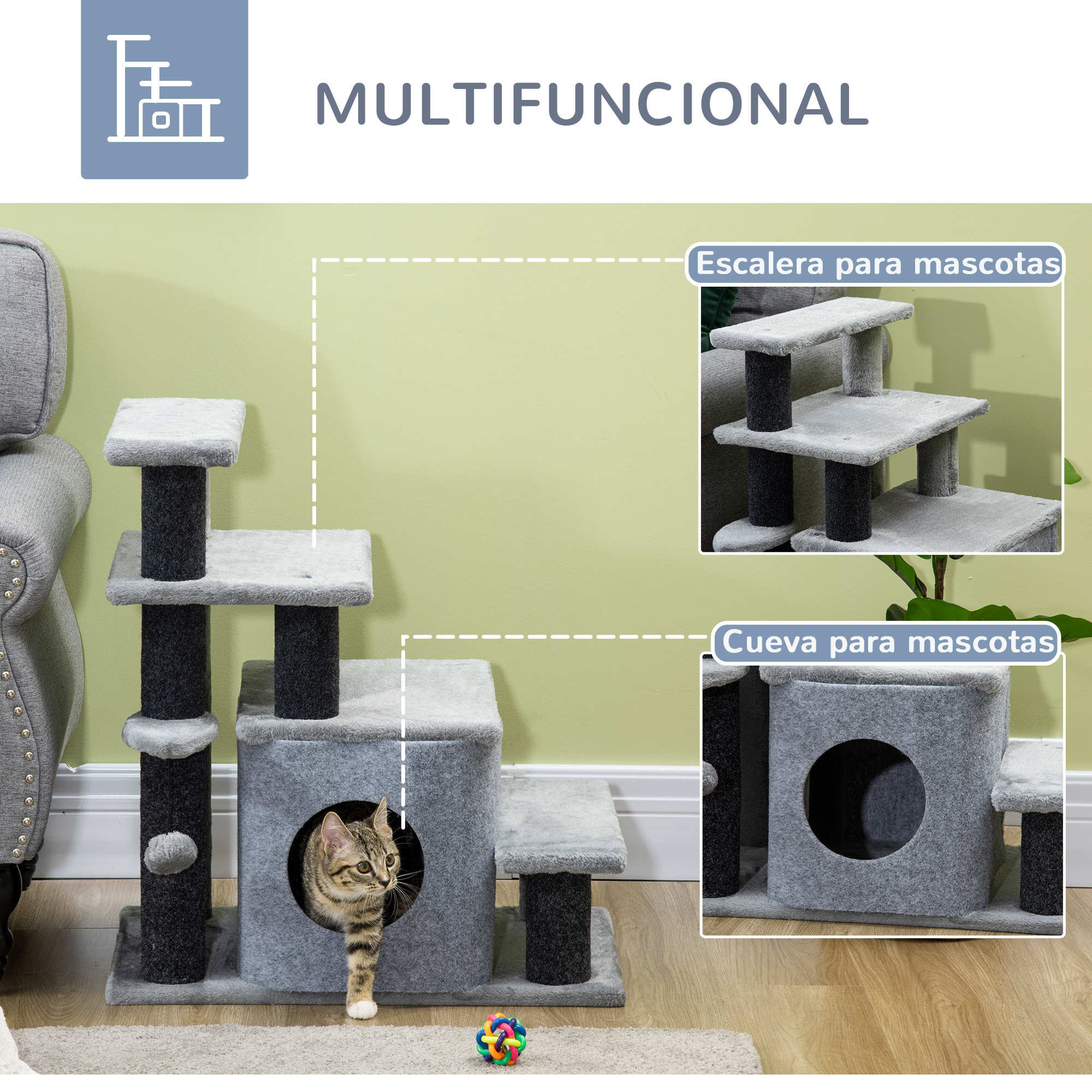 Escada para Gatos PawHut com 4 Degraus, Altura Ajustável, Casinha de Bola Suspensa e Postes para Cama/Sofá, Capacidade de Carga de 10kg, 60x40x66cm, Cinza