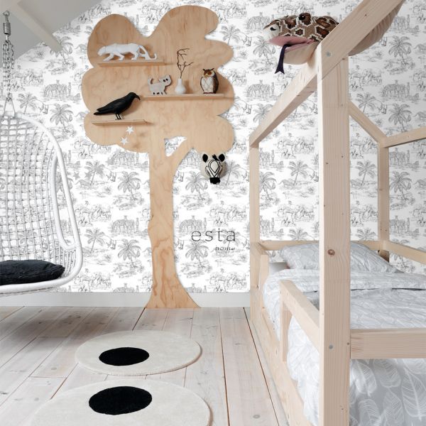Estahome Jungle Motief Behang - 0,53 x 10,05 m - Zwart / Wit