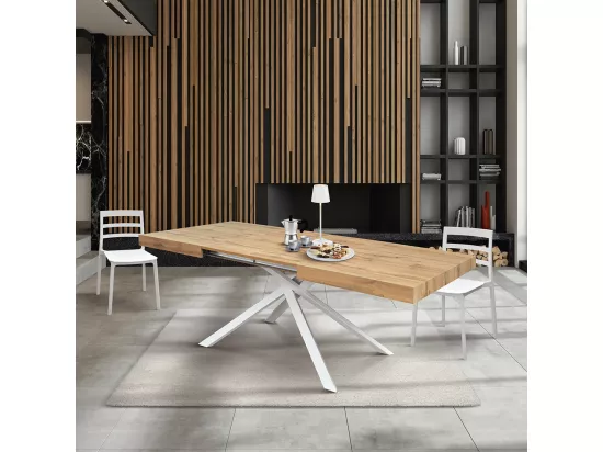 Table en bois, finition chêne, base blanche, extensible 140x90 - FORTE DEI MARMI