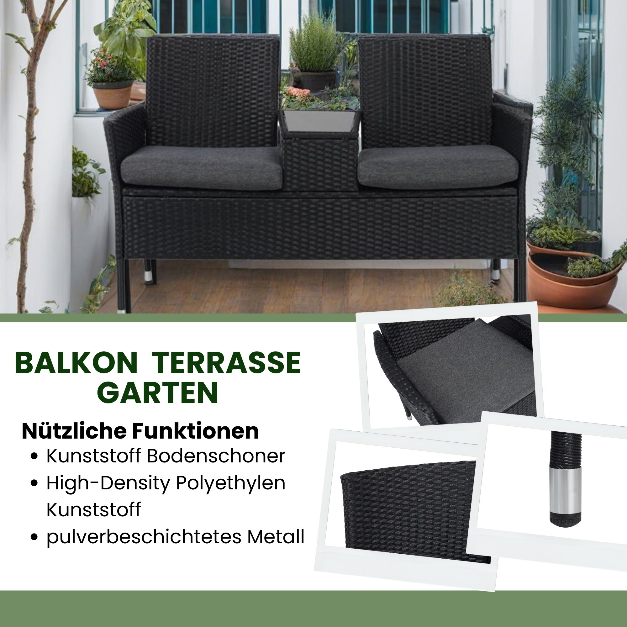 Albatros Gartenbank ANTONIO – Polyrattan Bank – 2-Sitzer Gartenbank mit Tischplatte aus Glas – UV beständig wetterfest – Stoffpolster – 134x82x55cm schwarz – VIP RELAX Sitzbank