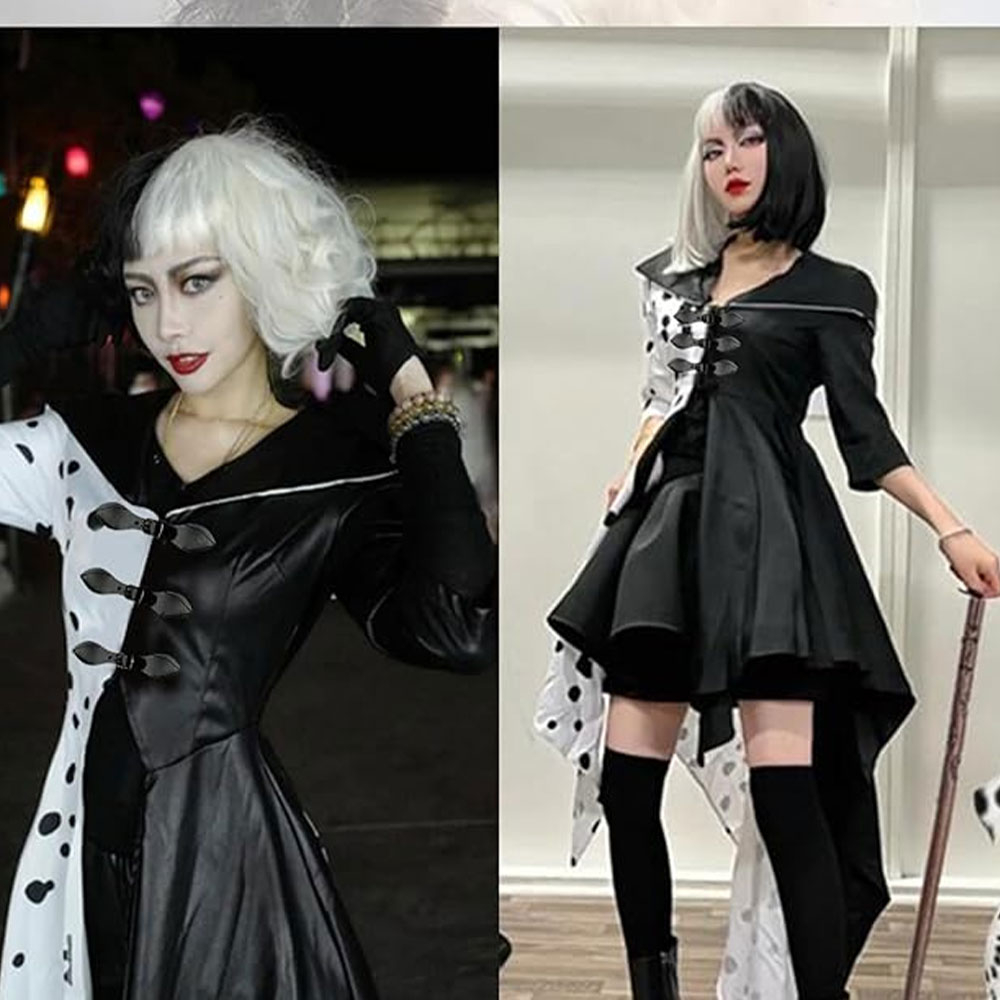 (175cm) Fasnacht Erwachsenen Kostüm Dalmatiner Lady Kleid mit Kapuze Verkleidung für Motto Partys / Halloween inkl. Handschuhe - Schwarz / Weiss