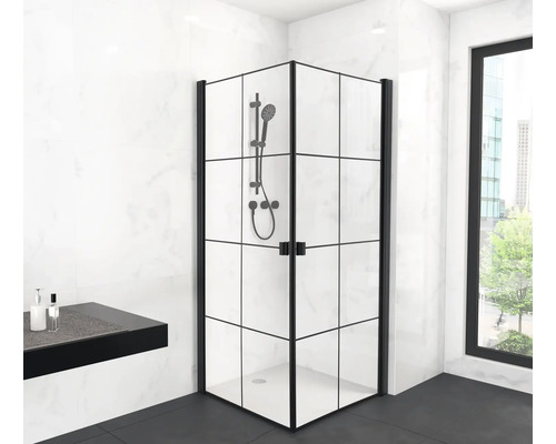 Hoekinstap met draaideur Aurlane 90 x 90 cm, zwart profiel, glasdecor, industrieel design, omkeerbaar