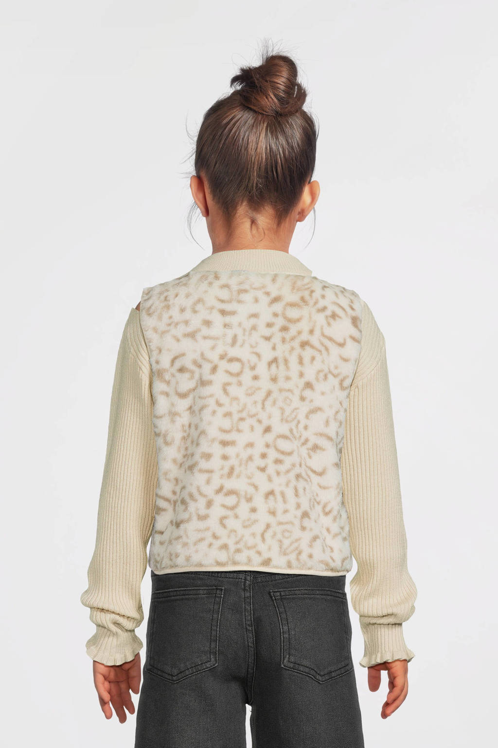 Moodstreet gebreid gilet Vajén met panterprint ecru/lichtbruin