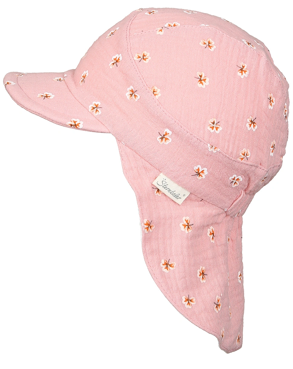 Musselin-Schirmmütze BLUMEN mit Nackenschutz in rosa