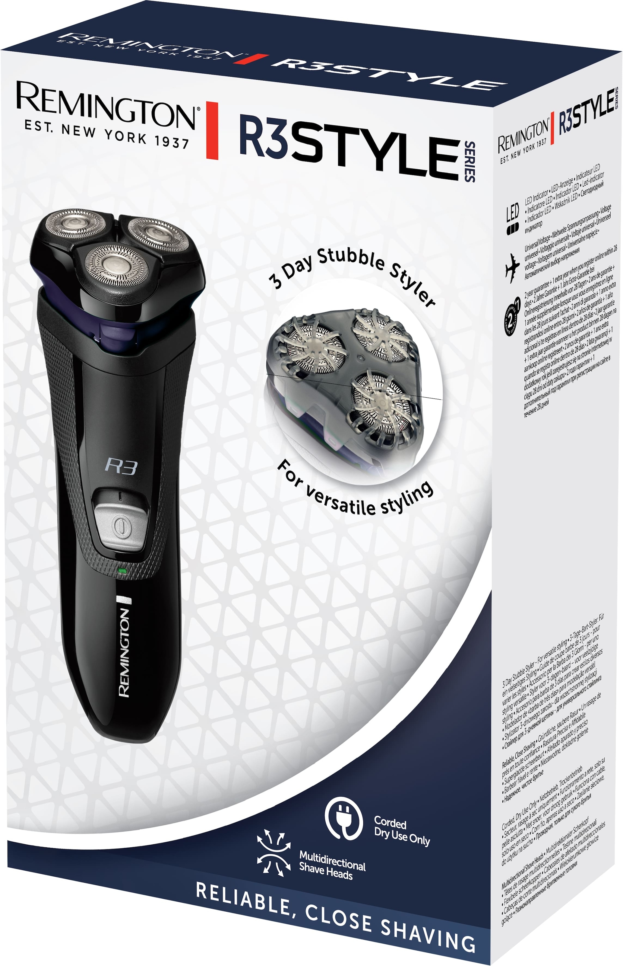 Remington Elektrorasierer »R3002 R3 Style Series« 1 Stk. Aufsätze integrierter Präzisionstrimmer 3-Tage-Bart-Aufsatz, netzbetrieben, Dual-Track-Schneidesystem