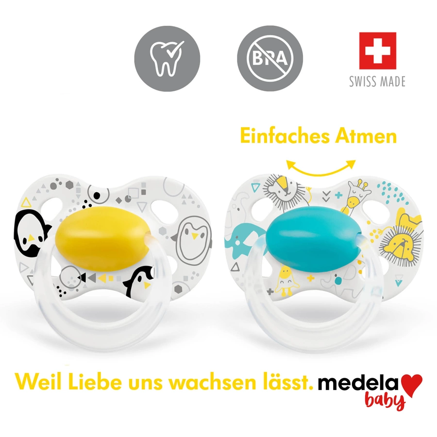 Medela Baby Schnuller Original 0-6 Monate DUO Signature 4 Stück in gelb und türkis