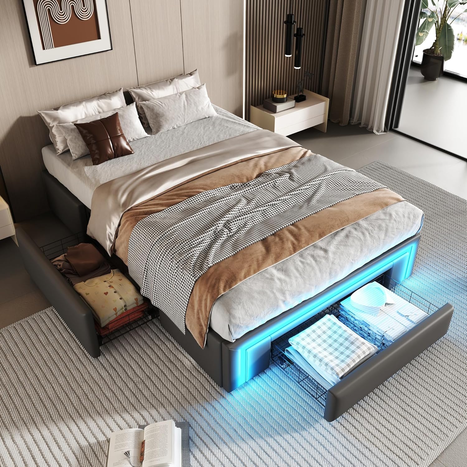 okwish Polsterbett 90x200 cm Einzelbett, Jugendbett Funktionsbett mit 2 Schubladen & LED-Lichtleiste, Gepolstertes Metallbett Bettgestell mit Lattenrost aus Metalllatten, PU-Leder Grau, Ohne Matratze