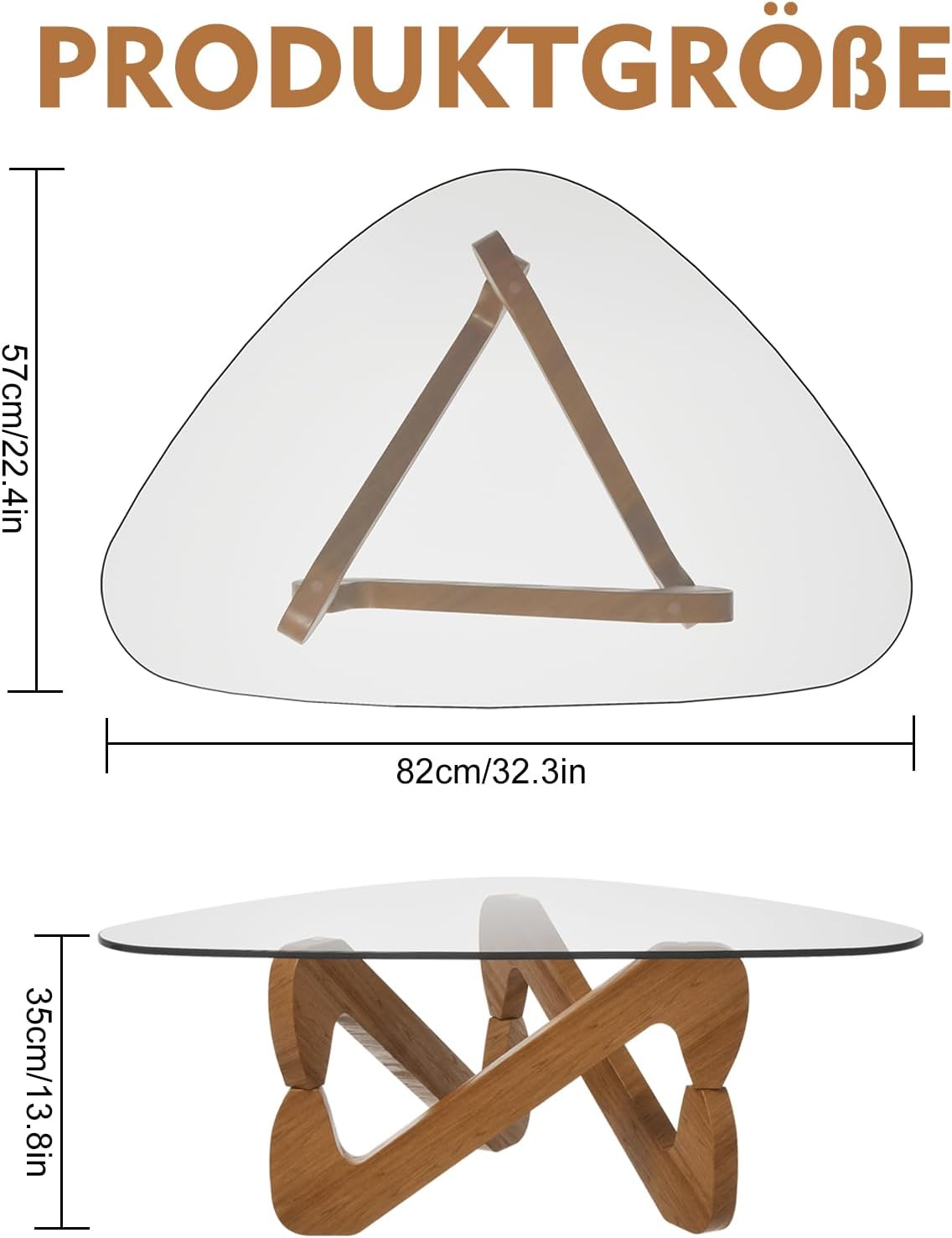 TWSOUL Dreieckiger Couchtisch aus Glas, Modern Wohnzimmertisch, Durchsichtig Couchtisch mit Holz Base, Ausgefallene Kaffeetisch für Wohnzimmer (Transparent)