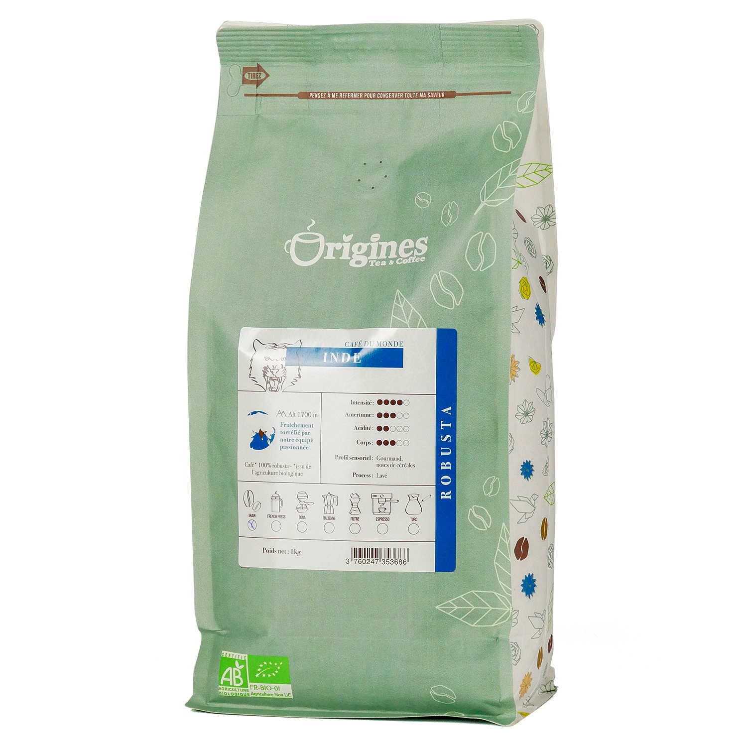 Café en grain bio Pure Origine - Inde Robusta