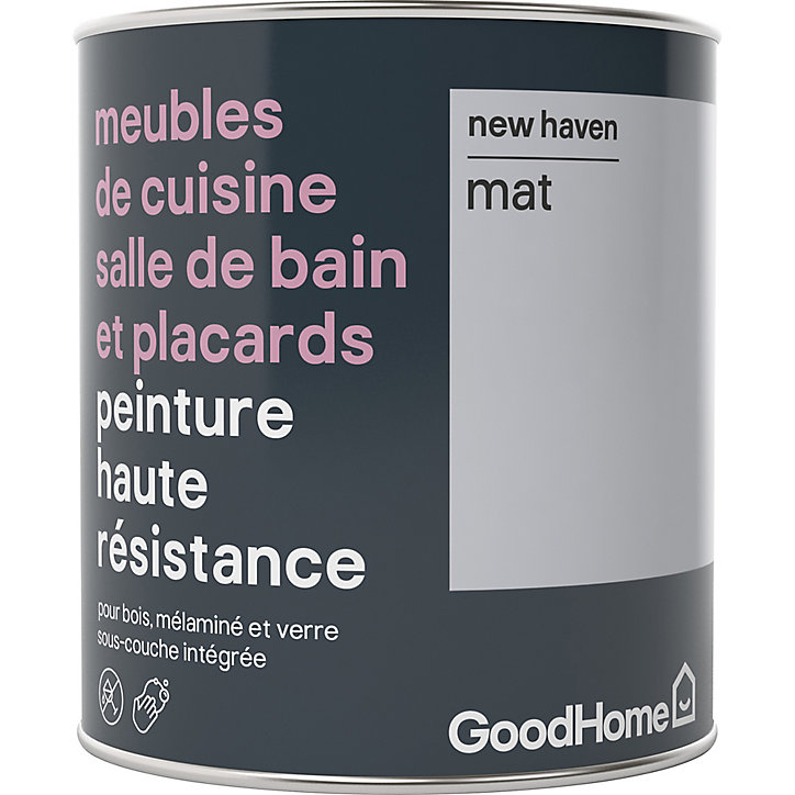 Peinture haute résistance meubles de cuisine salle de bain et placards GoodHome gris New Haven mat 0,75L