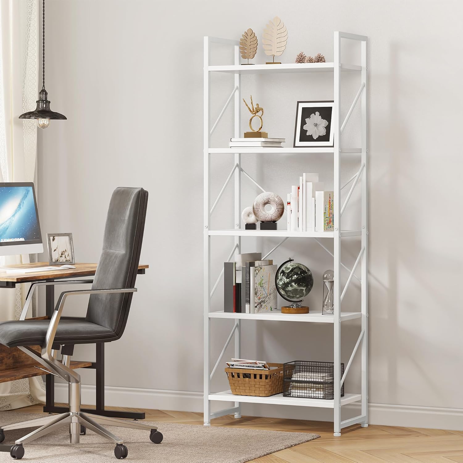 YITAHOME Bücherregal mit 5 Ebenen, freistehendes Bücherregal, Holzregal und Metallrahmen, Aufbewahrungsregal für Wohnzimmer, Heimbüro – reines Weiß AQ9712920