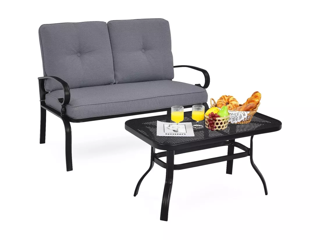 Salon de Jardin 2 Pièces avec Table Basse et Coussins Charge 250KG, Ensemble de Canapés de Terrasse 2 Places avec Cadre Métallique, pour Patio Balcon Terrasse (Gris)