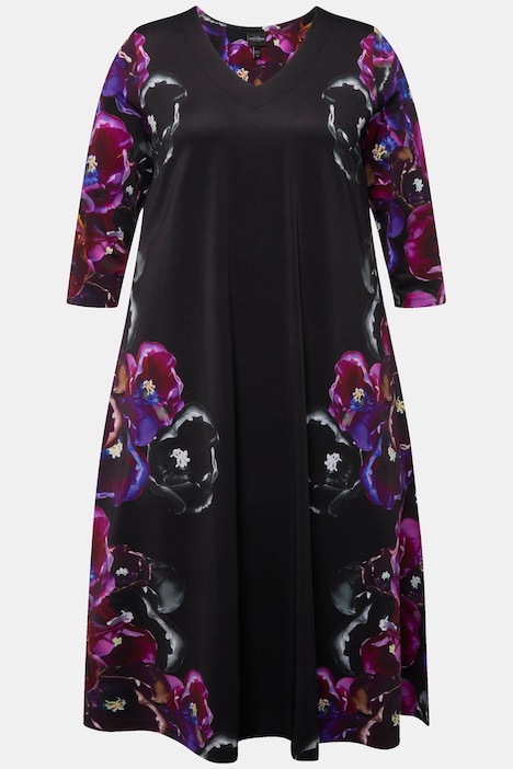 Slinkykleid, Blüten, A-Linie, V-Ausschnitt, 3/4-Arm