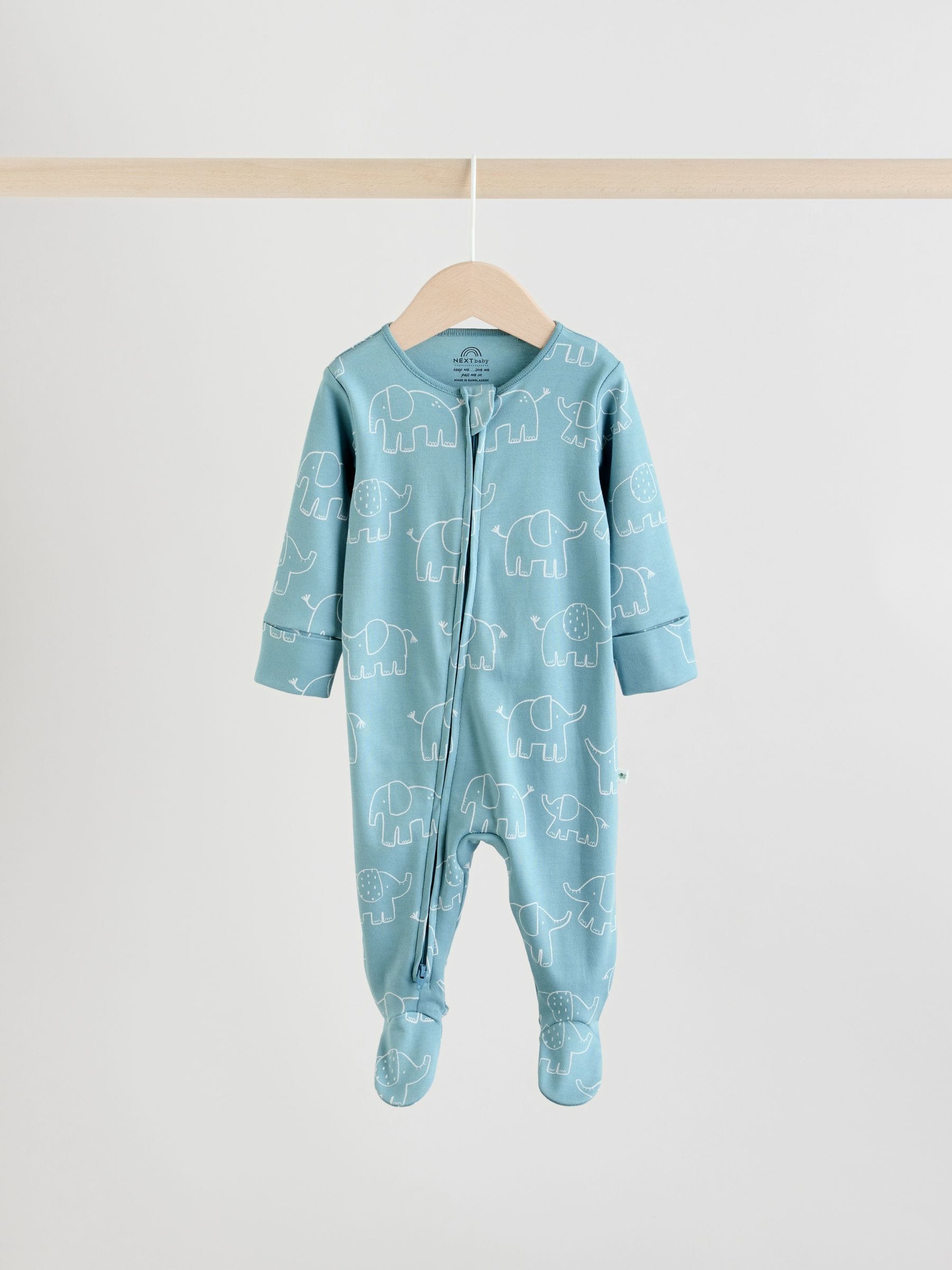 Blauw - Baby Linear Elephant Sleepsuits 3 Pack (0-2yrs)