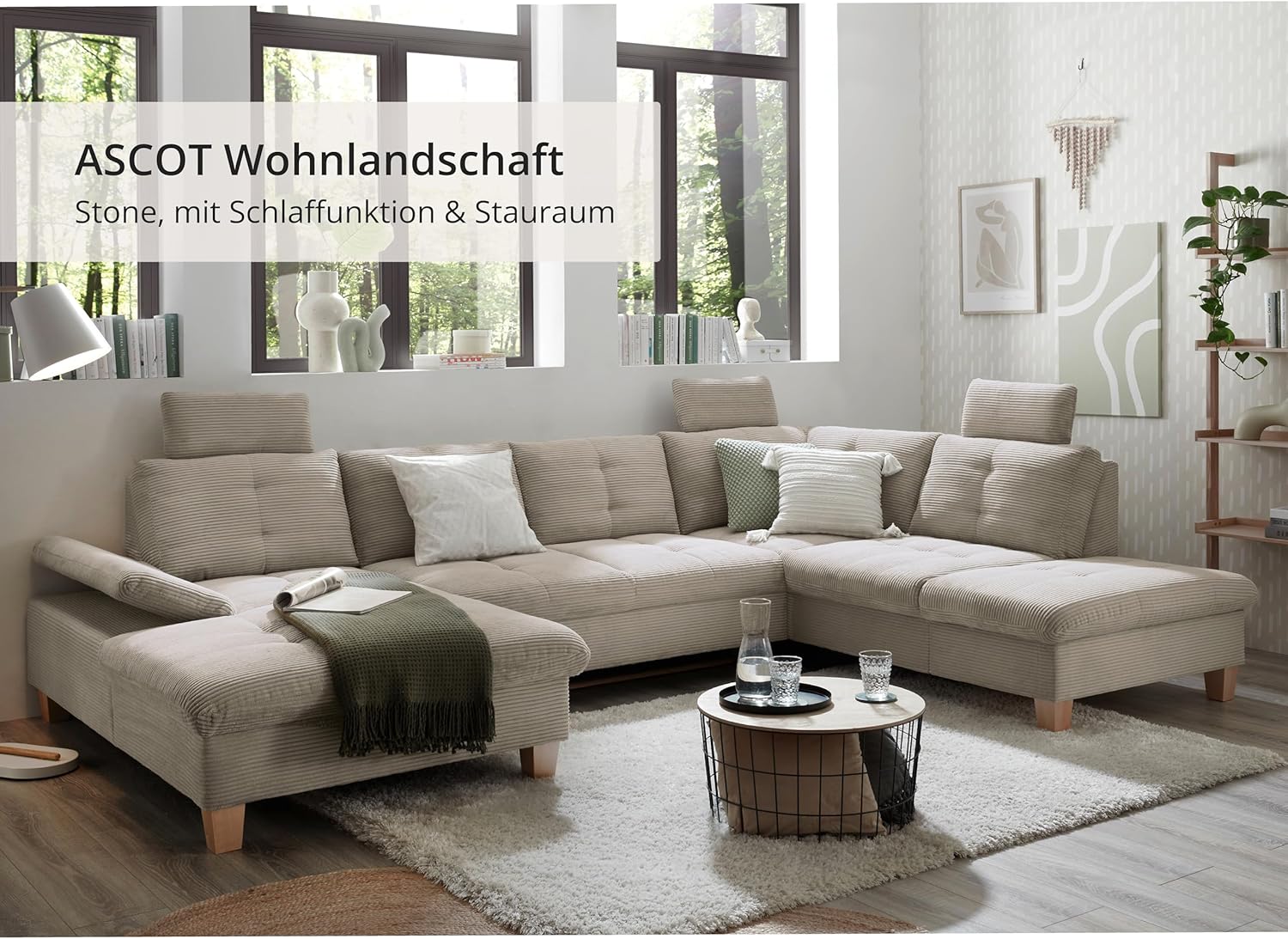 Wohnlandschaft Ascot mit Cord-Bezug und Schlaffunktion in Hellbraun, U-Form inkl. Kopfstützen, Bettkasten und Verstellbarer Armlehne - 324 x 107 x 218 cm (B/H/T)