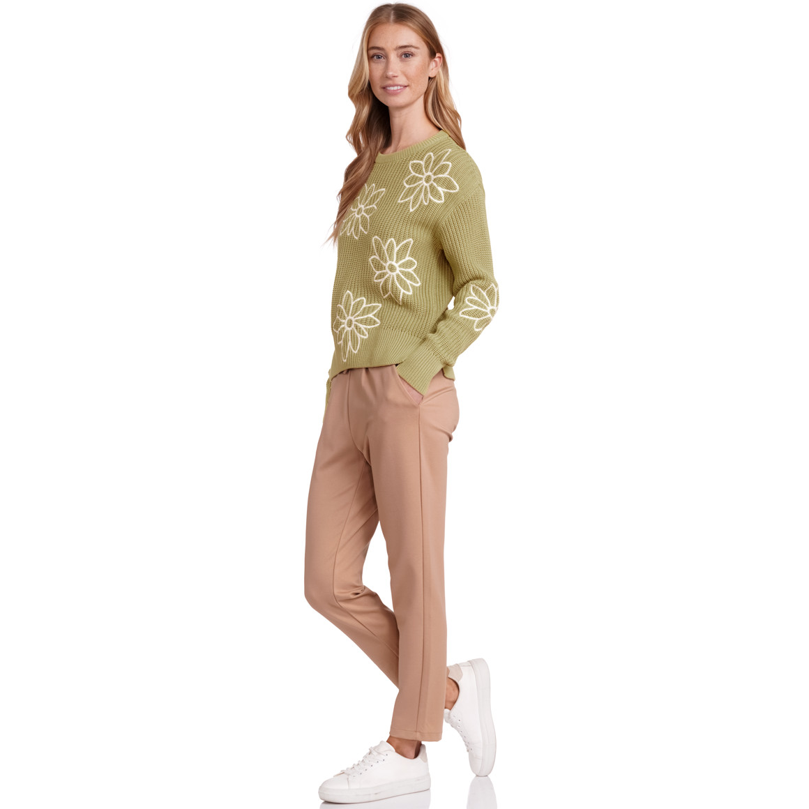 Jonas Nielsen Damen Strickpullover mit Blumen-Stickerei oliv