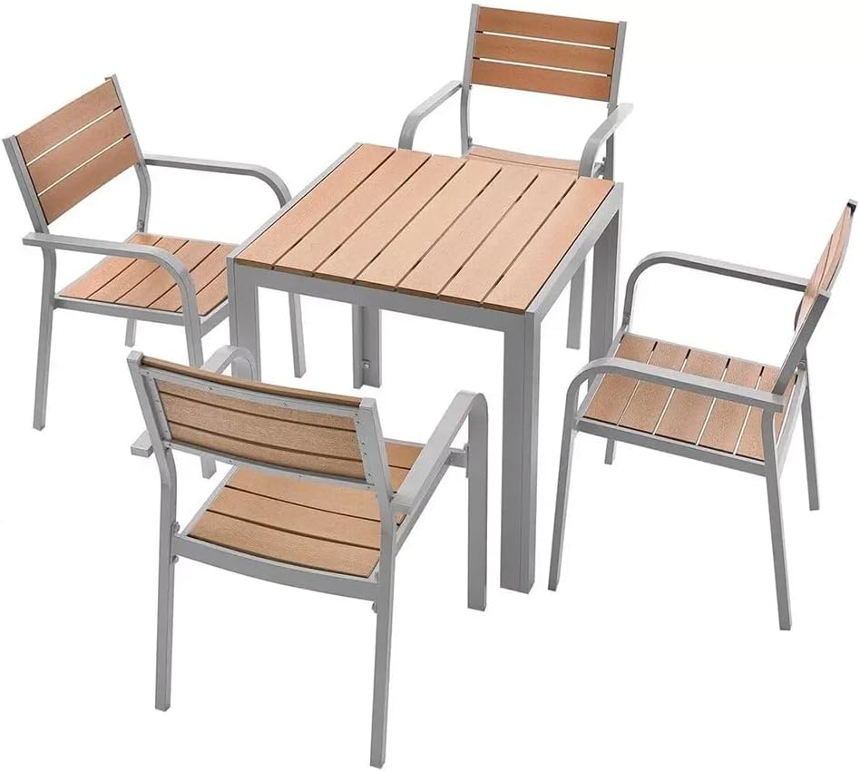 ASKON Gartengarnitur 5tlg. aus Aluminium und Non-Wood Teak-Optik, Stühle stapelbar, Sitzgarnitur mit 4 Gartenstühle mit Tisch, Poly-Holz