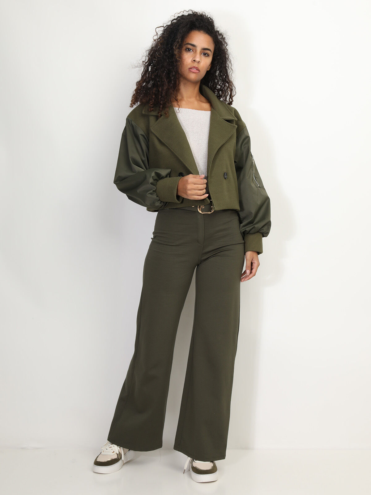 Veste courte croisée bi-matière- Kaki