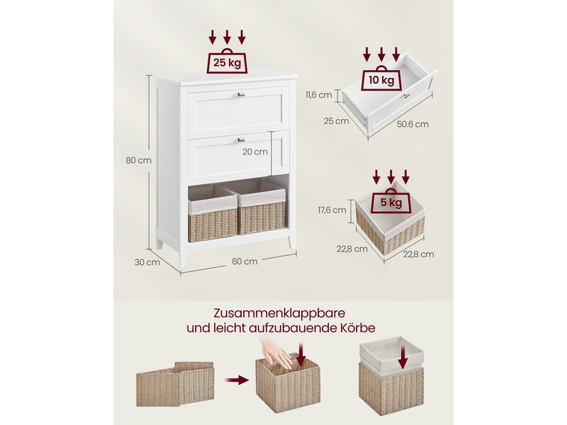 VASAGLE Badezimmer-Schrank 30 x 80 cm, Weiss Schrank für das Badezimmer mit 2 Schubladen und 2 Körben