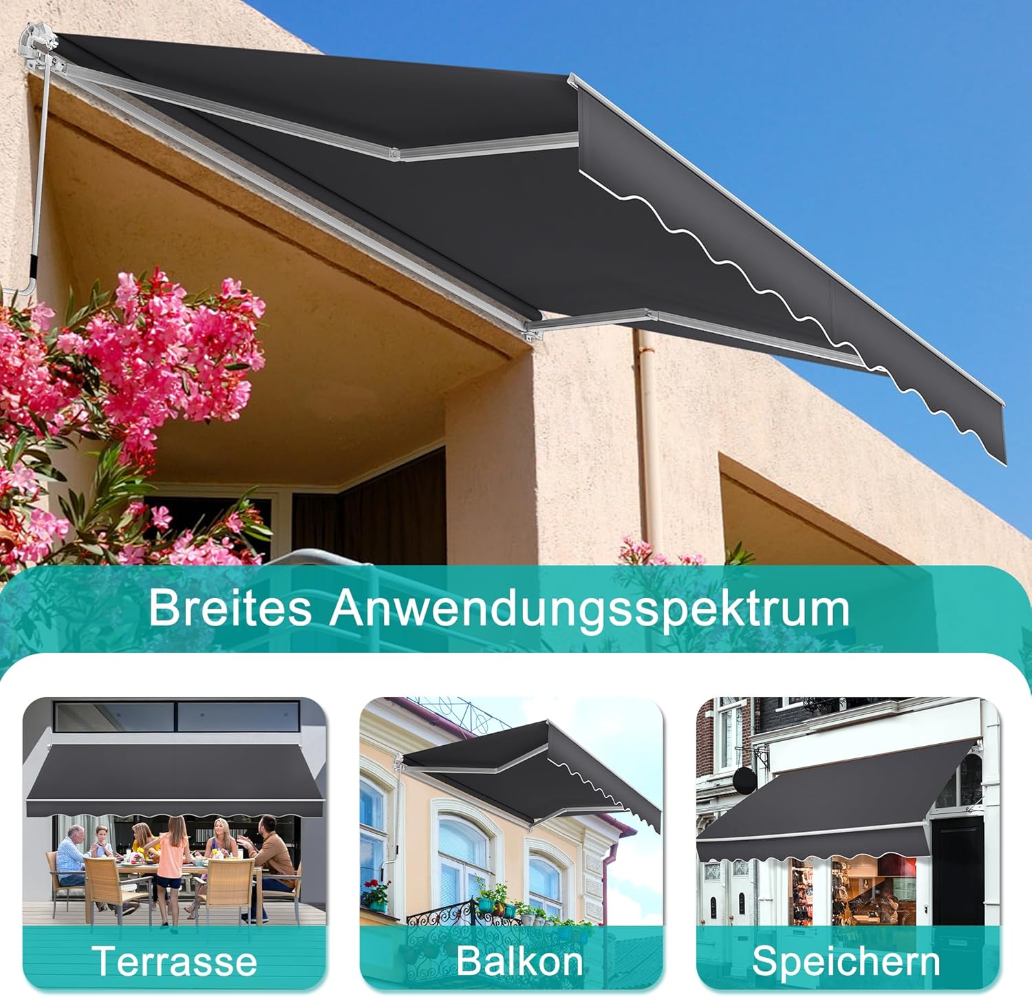 Aufun Manuelle Gelenkarmmarkise Markise Balkon aus Alu und Polyester, Einziehbar Sonnenschutz Markisenabdeckung mit Handkurbel, Wasserdicht Anti-UV für Balkon Terrasse Außen(250x200 cm, Dunkelgrau)