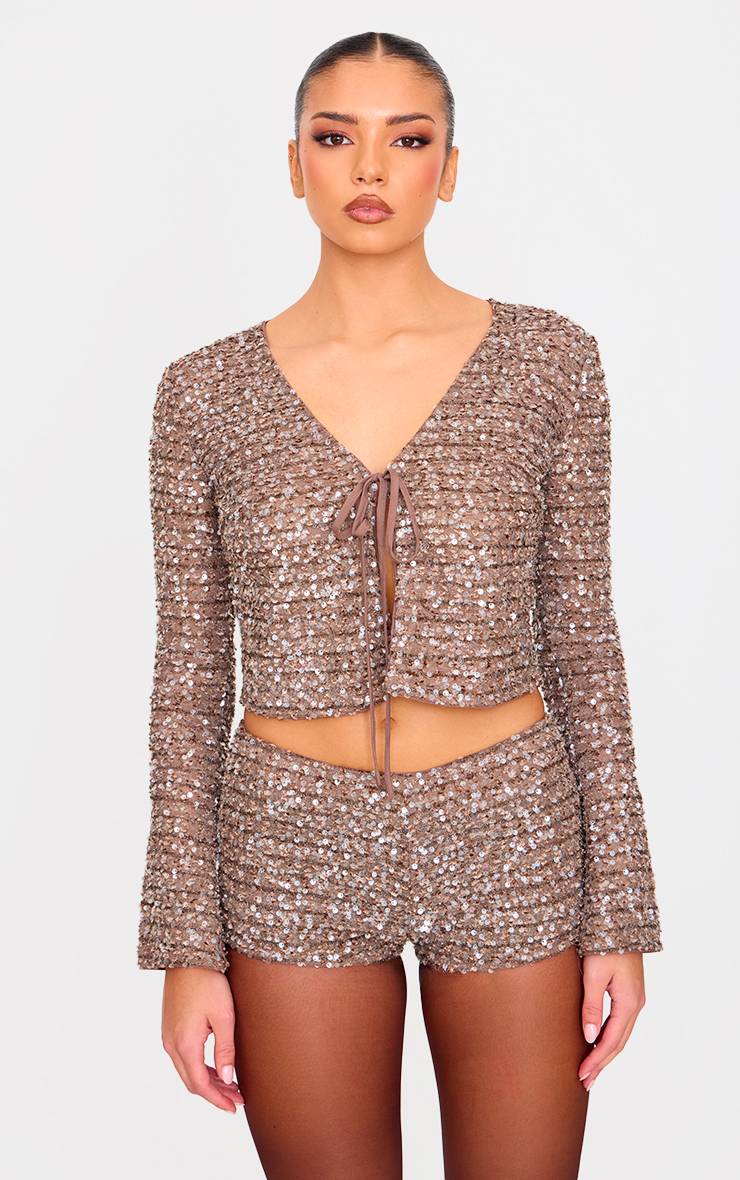Taupe Haut À Sequins Texturé Avec Lien À Nouer