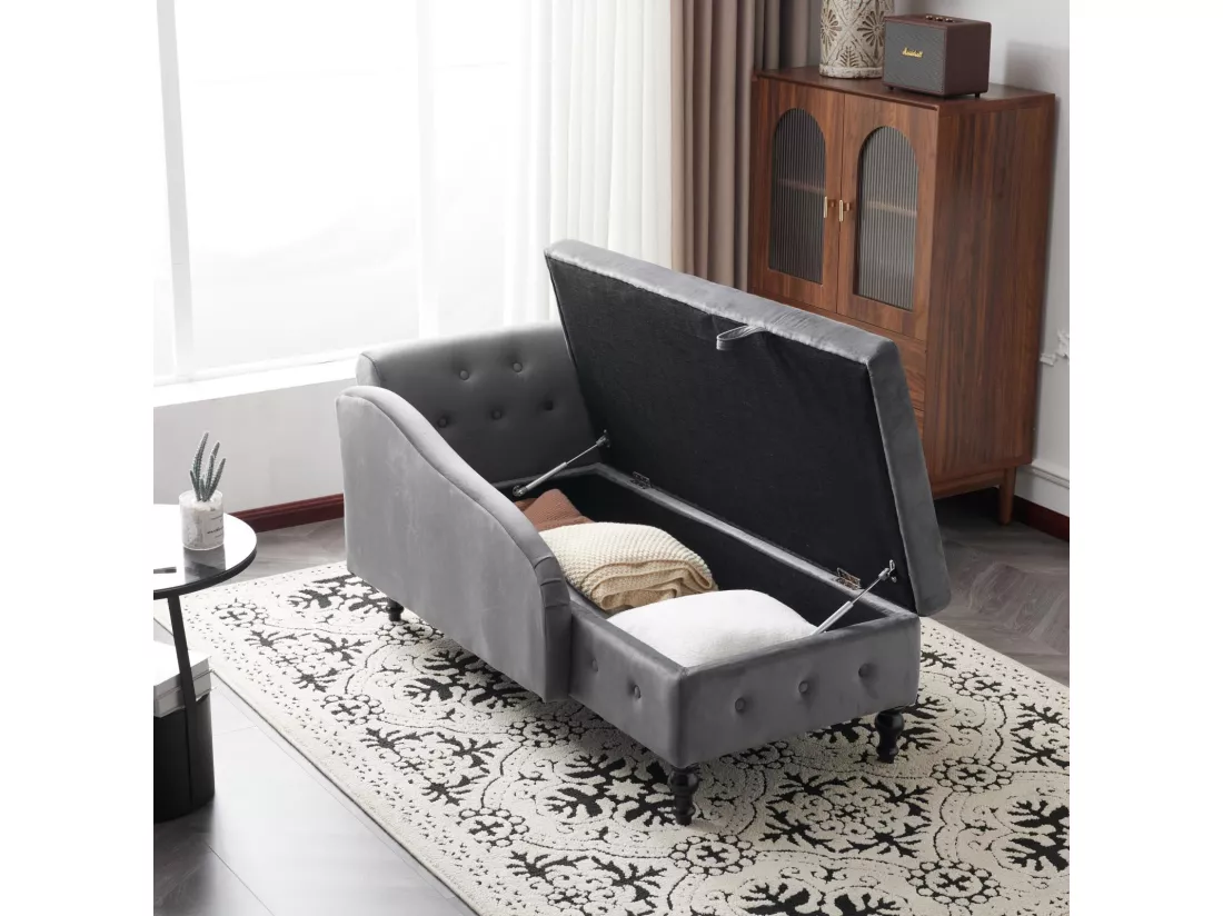 Méridienne droite en velours gris, avec oreiller et rangement, pour le salon chambre bureau, 144x62x69cm