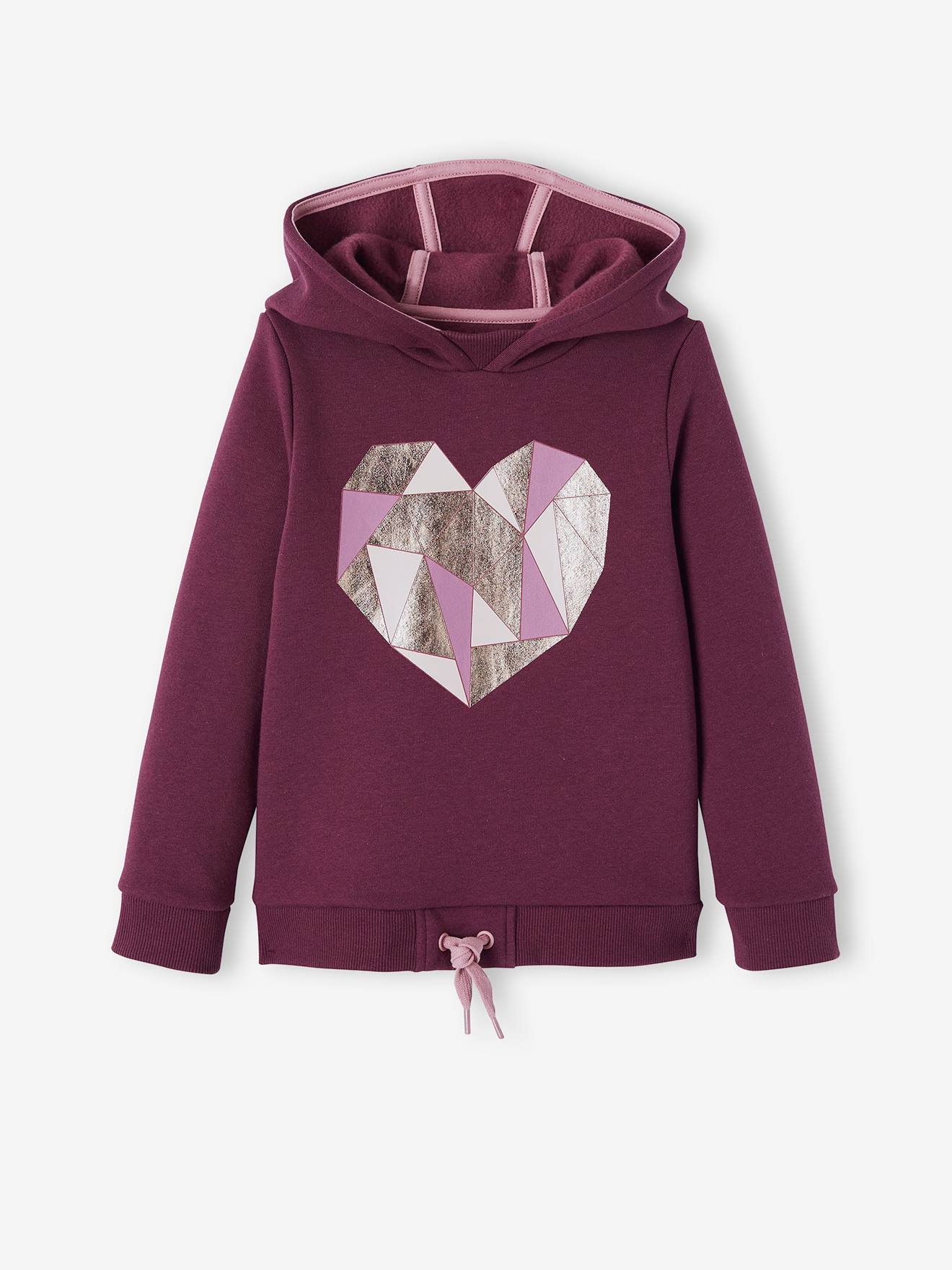 Conjunto de moletom feminino: blusa de moletom com estampa de coração + leggings, lisinhas roxas escuras com estampa.