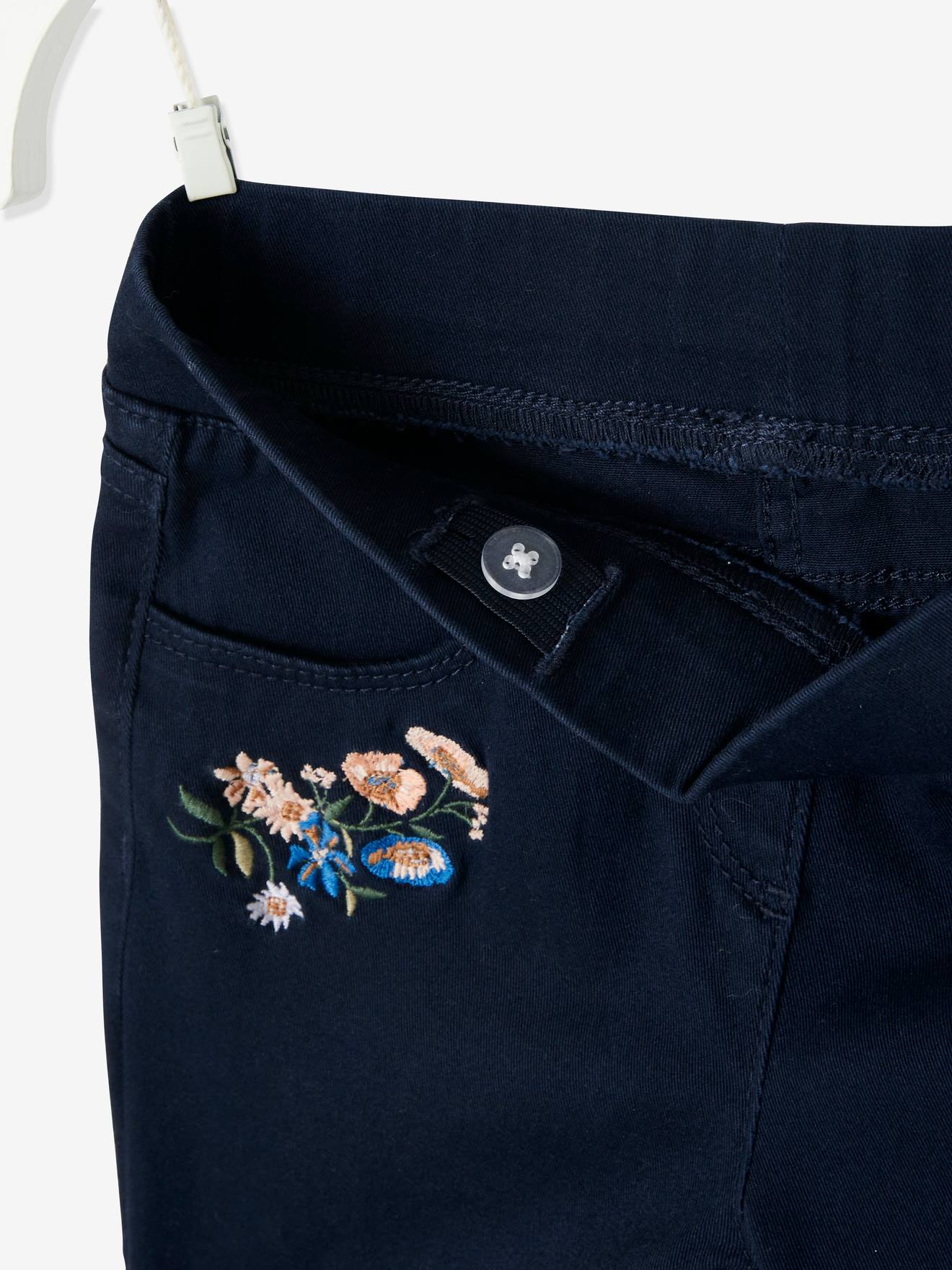 Calças legging coloridas com bordado floral, para meninas, lisas em azul escuro com estampas.