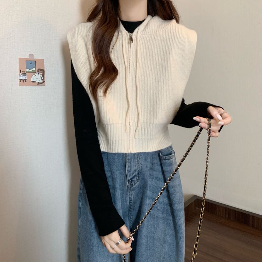 Cerauno - Effen vest met capuchon en rits / Effen top met lange mouwen en mockneck