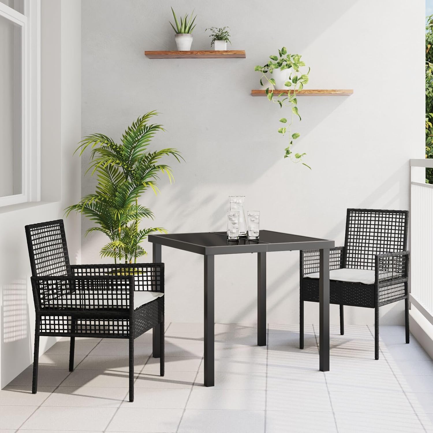 5-teiliges Gartenmöbel-Set mit braunen Kissen aus Polyrattan, rechteckigem Tisch und 4 Stühlen für Balkon und Terrasse, Gestell aus robustem und witterungsbeständigem Stahl