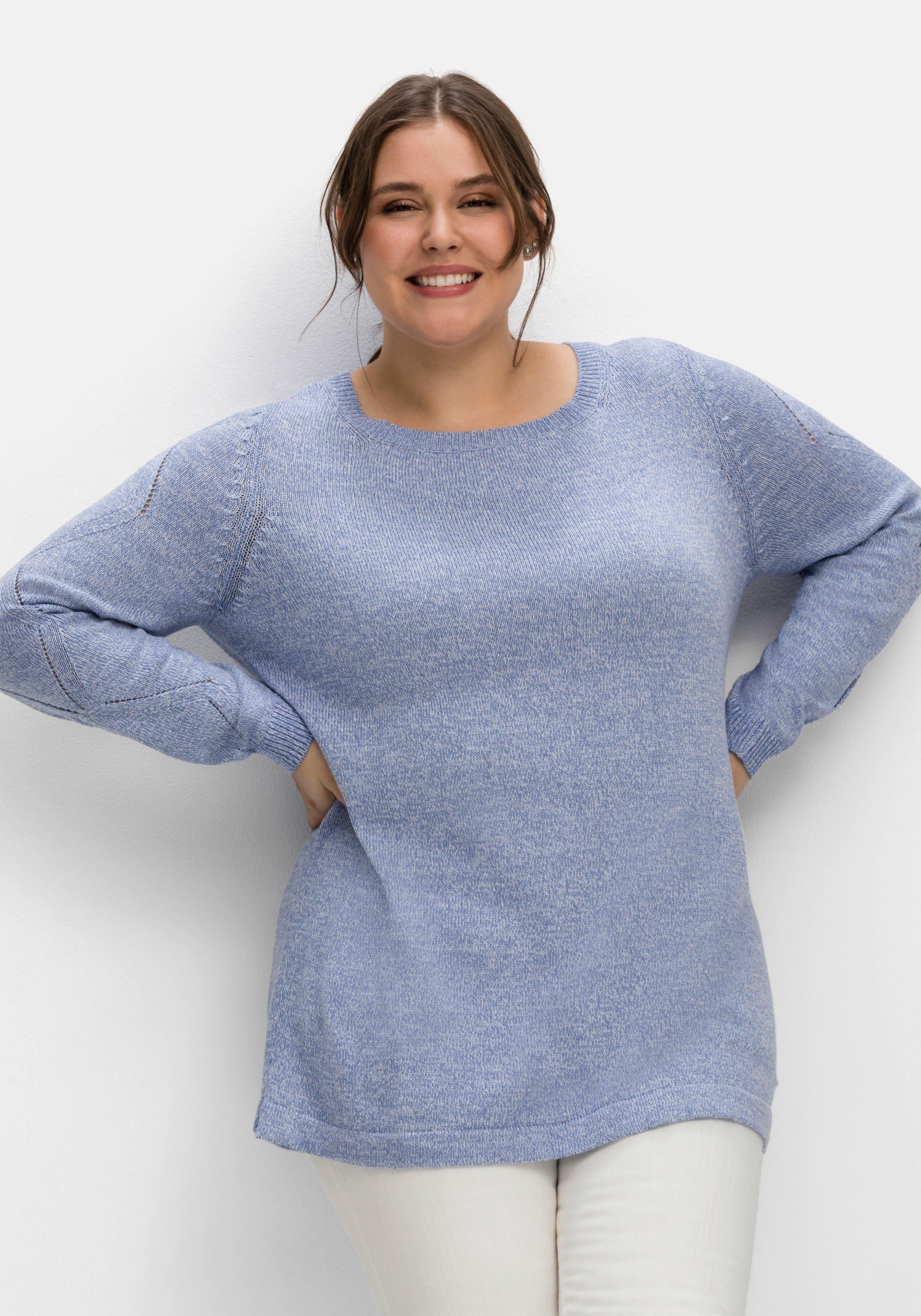 Melierter Pullover mit Ajourmuster am Ärmel