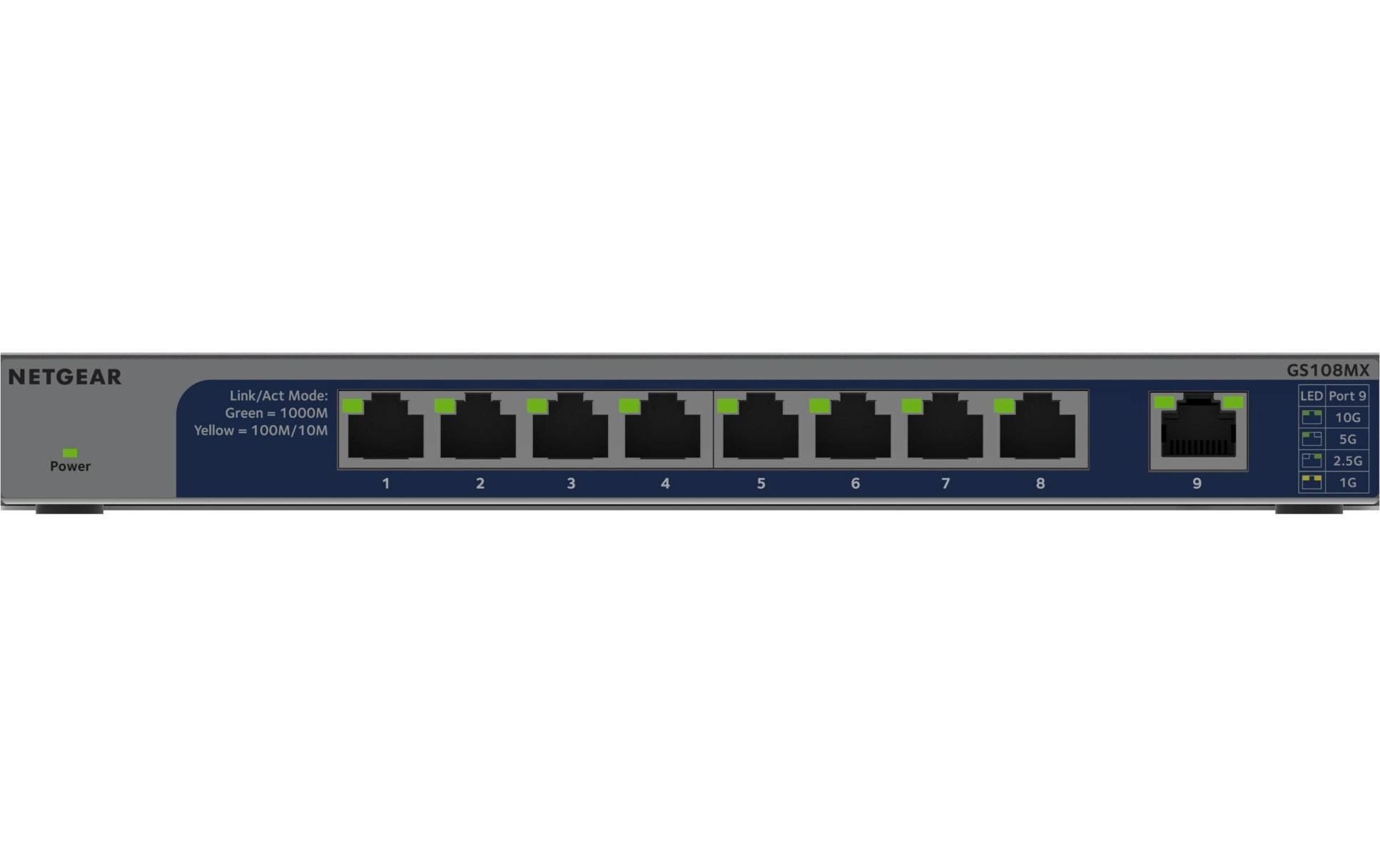 GS108MX 8 Port<br>8-Port Gigabit Ethernet Unmanaged Switch mit 1 dediziertem 10G/Multi-Gigabit-Anschluss