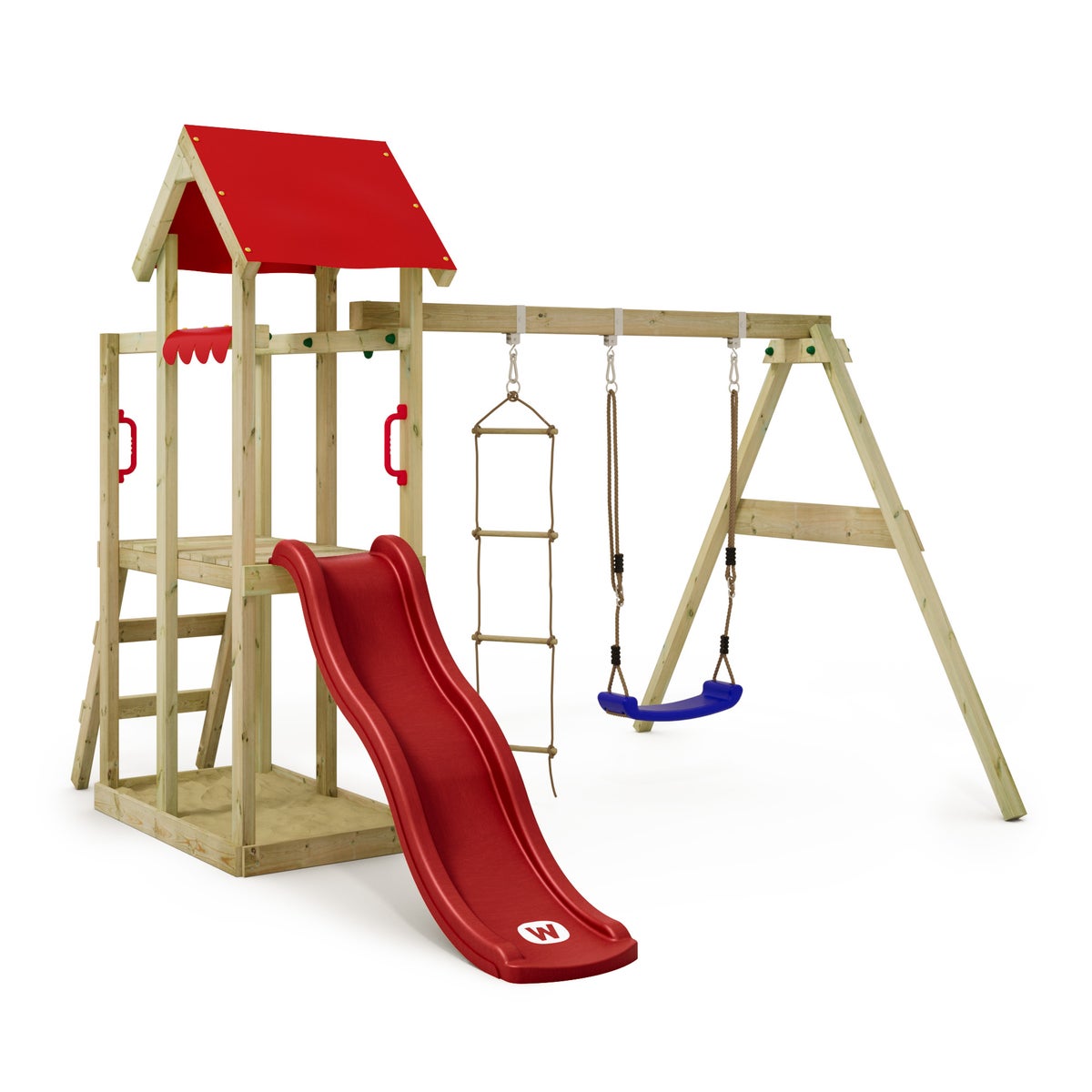 WICKEY TinyPlace Speeltoren Klimrek met Schommel en Glijbaan, Klimtoren met Zandbak, Ladder en Speelaccessoires - Rood