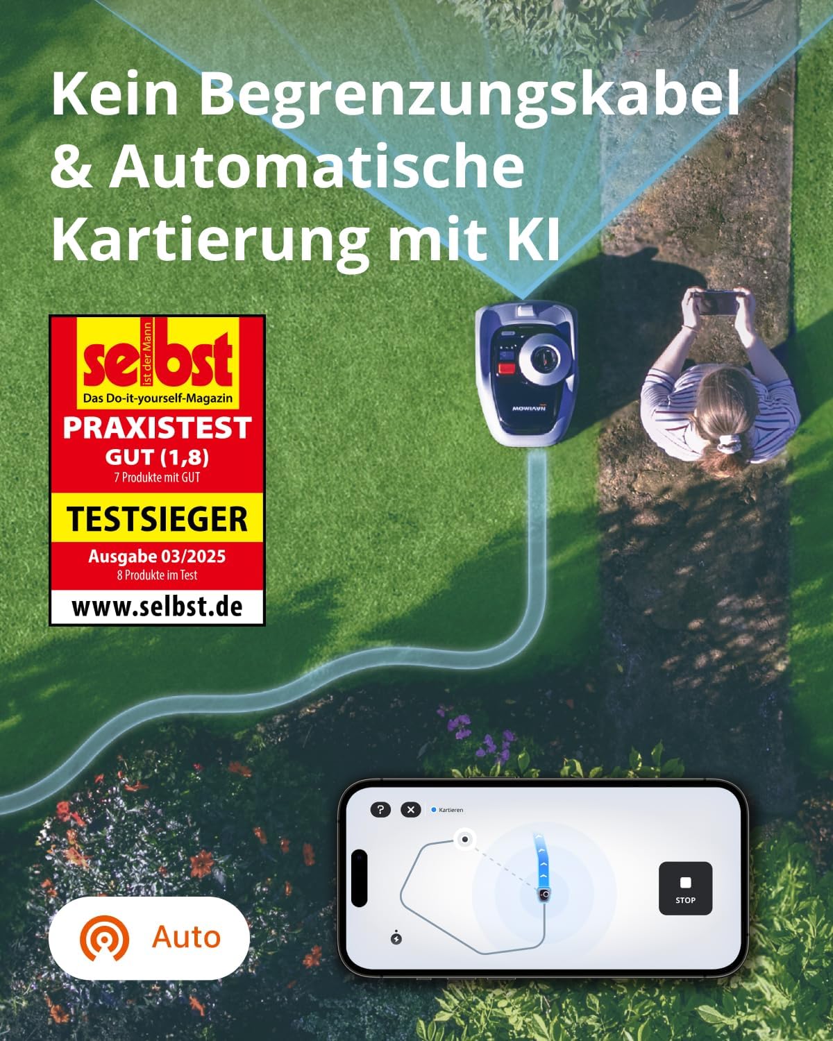 Navimow i105E+Garage, Mähroboter ohne Begrenzungskabel, Empf. 500 m², Max. 600 m², RTK+Vision Rasenmäher Roboter Testsieger, Igelschutz Rasenroboter, KI Auto Kartierung