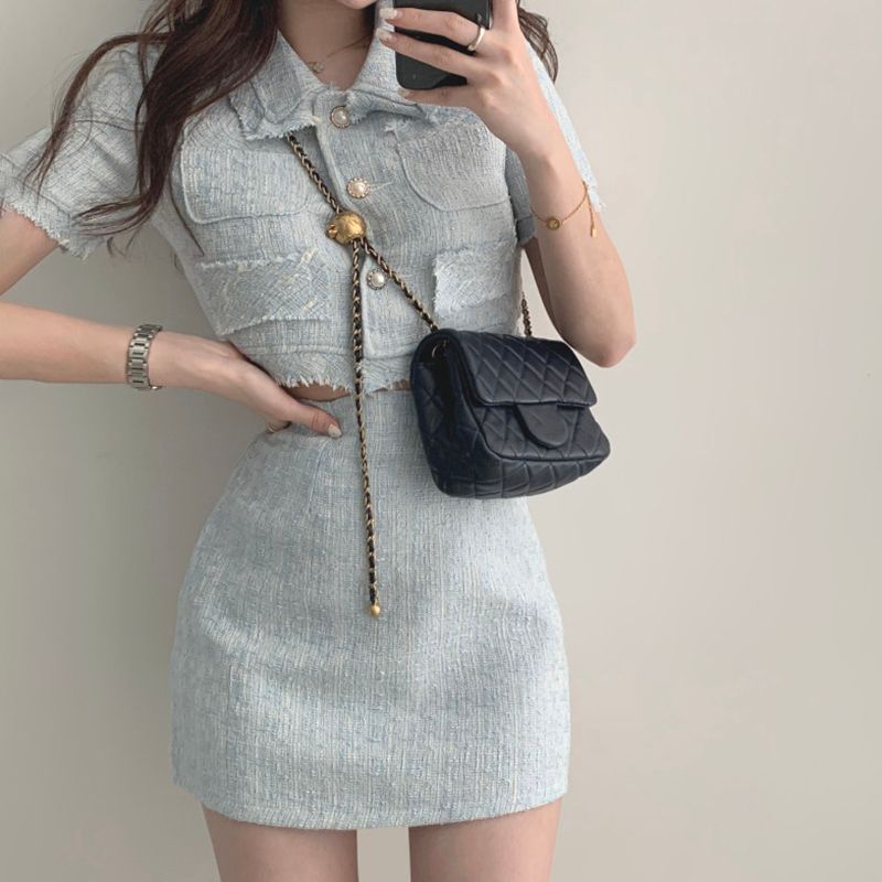 NENE - Tweed kort mouwen cropped jasje / mini kokerrok