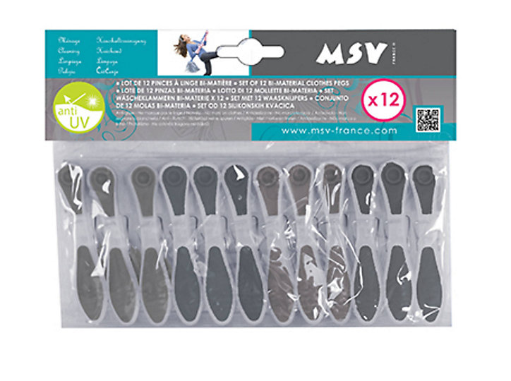 Lot de 12 pinces à linge bi-matière MSV gris