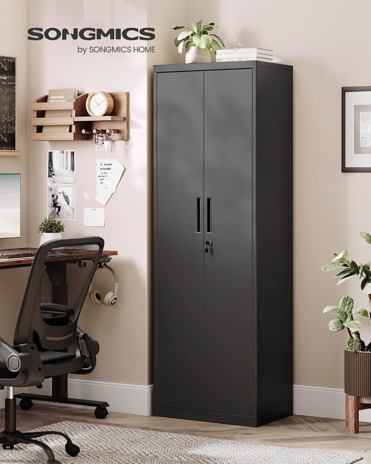 SONGMICS Aktenschrank, Mehrzweckschrank, Aufbewahrungsschrank, 5 Ebenen, 40 x 60 x 180 cm, Doppeltüren, Schloss, Werkzeug, verstellbare Ablagen, Garage, Büro, Wohnzimmer, Mattschwarz OMC014B01