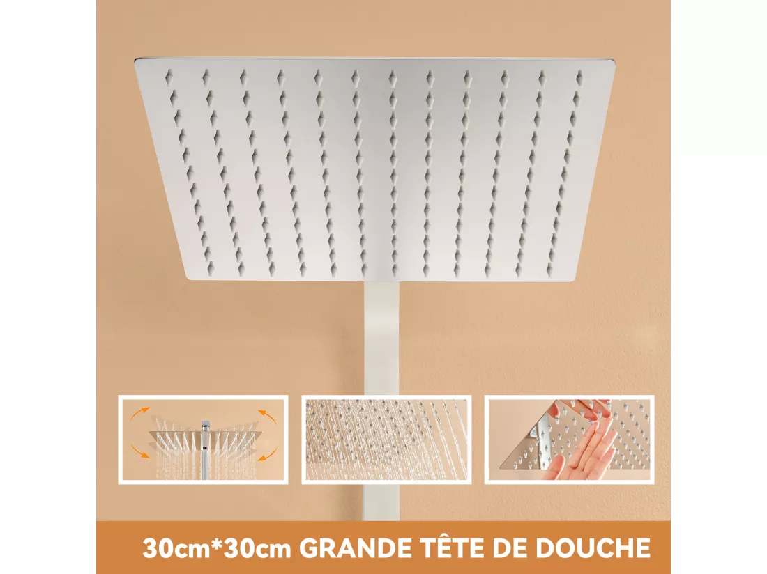 AURALUM MAX Colonne DoucheThermostatique 2 Fonctions Ensemble Douche Thermostat,Tête douche 12 pouces,Système Douche,Hauteur Réglable 96-130cm,Chromé
