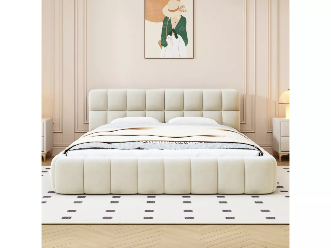 Lit adulte 160x200cm, lit double en lin avec dossier moelleux, Lit plat avec encadrement rembourré, sommier à lattes, tête de lit, beige (Prévente)