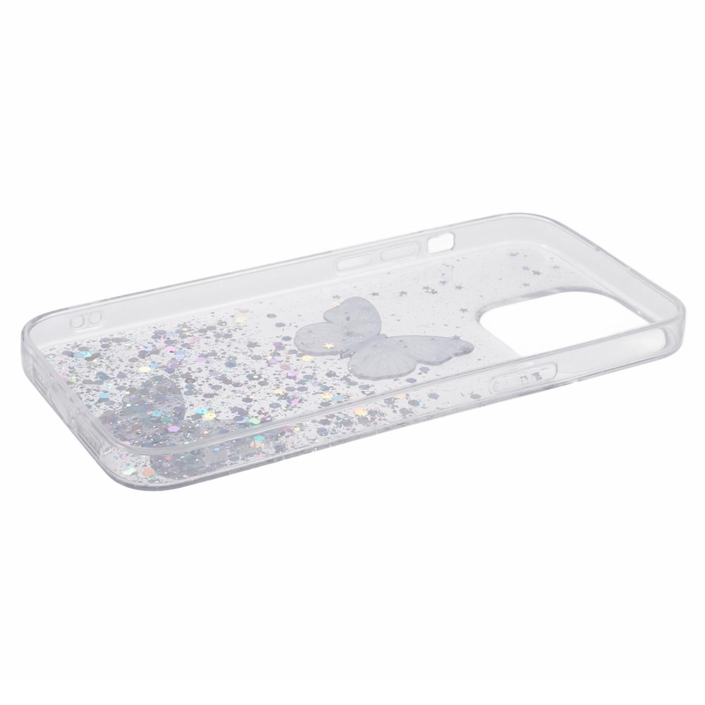 iPhone 16 Pro Max Hybrid Hardcase Schutzhülle im Glitzer Design Schmetterling - Silber / Transparent