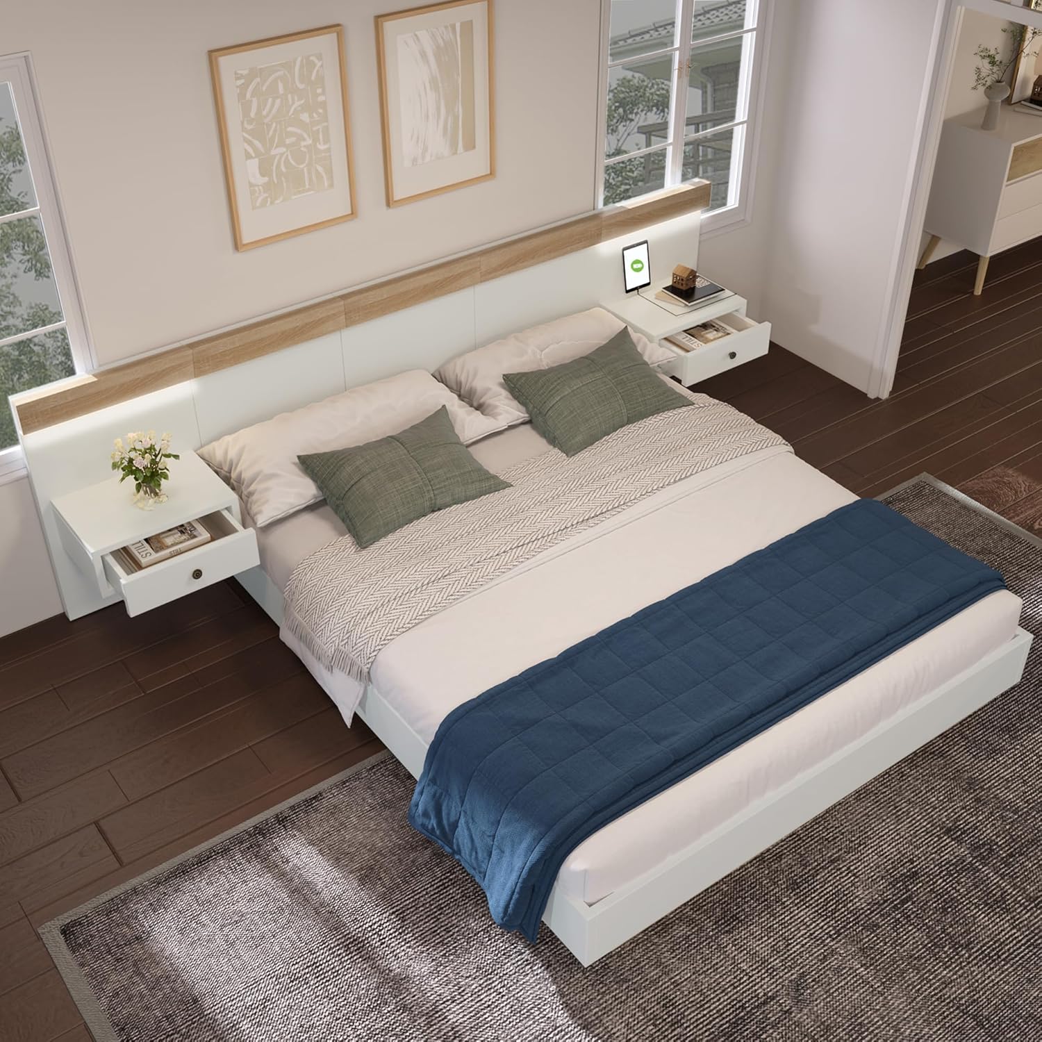 Doppelbett 180x200 cm, integriertes Kopfteil mit 2 LED Nachtkommoden und USB Ladefunktion, Holzbett Bettanlage mit Lattenrost, Funktionsbetten Rückenlehne Bettgestell, Ohne Matratze, Weiß+Eiche SF6772142