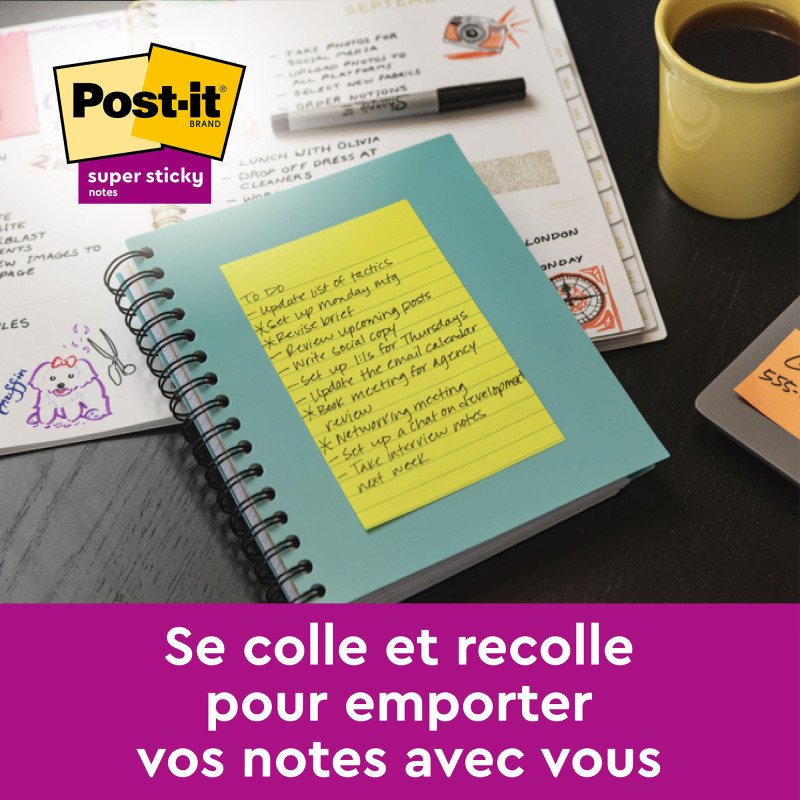 Notes lignées repositionnables couleurs Boost Super Sticky Post-it 101 x 152 mm assortis - bloc de 90 feuilles